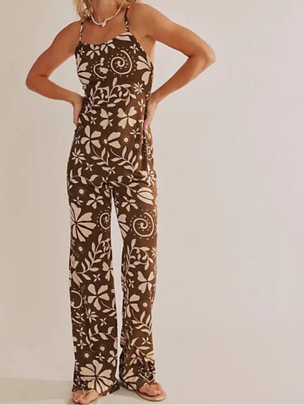 Free People Brown Floral-Print Spaghetti-Strap Jumpsuit Back To Love Size Medium